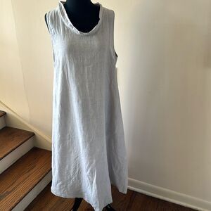 Stella Martini oatmeal 100% linen sleeveless banded scoop neckline midi. Medium.